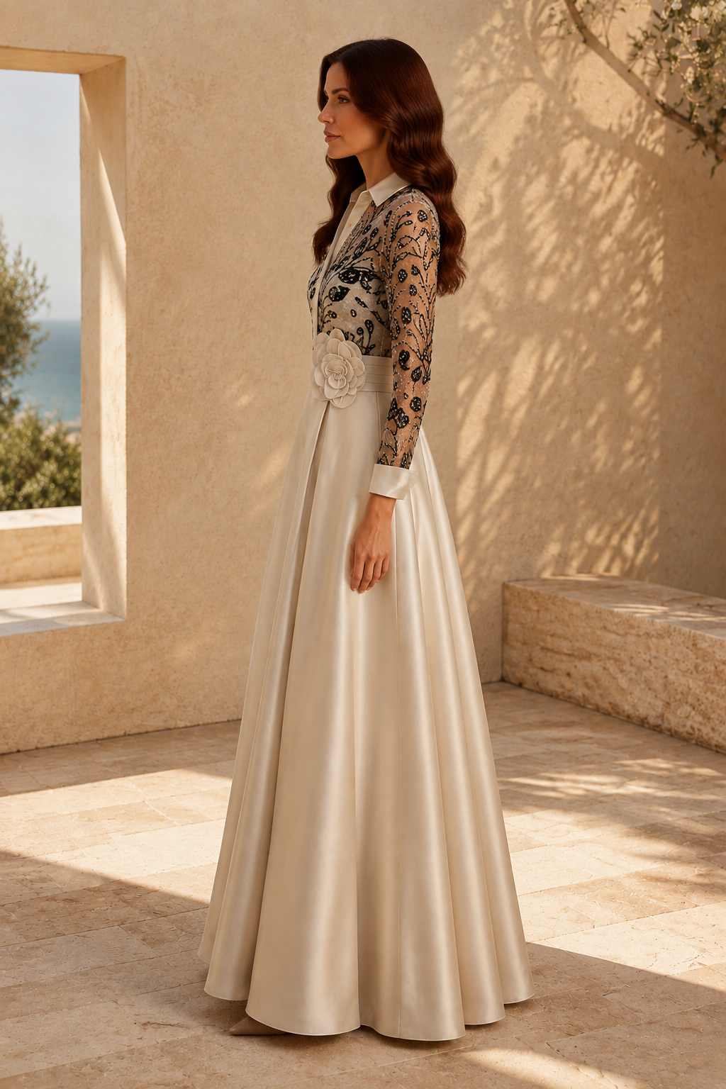 Vestido de Noche Acampanado con Cuello Camisero Bordado y Cintura Floral en 3D