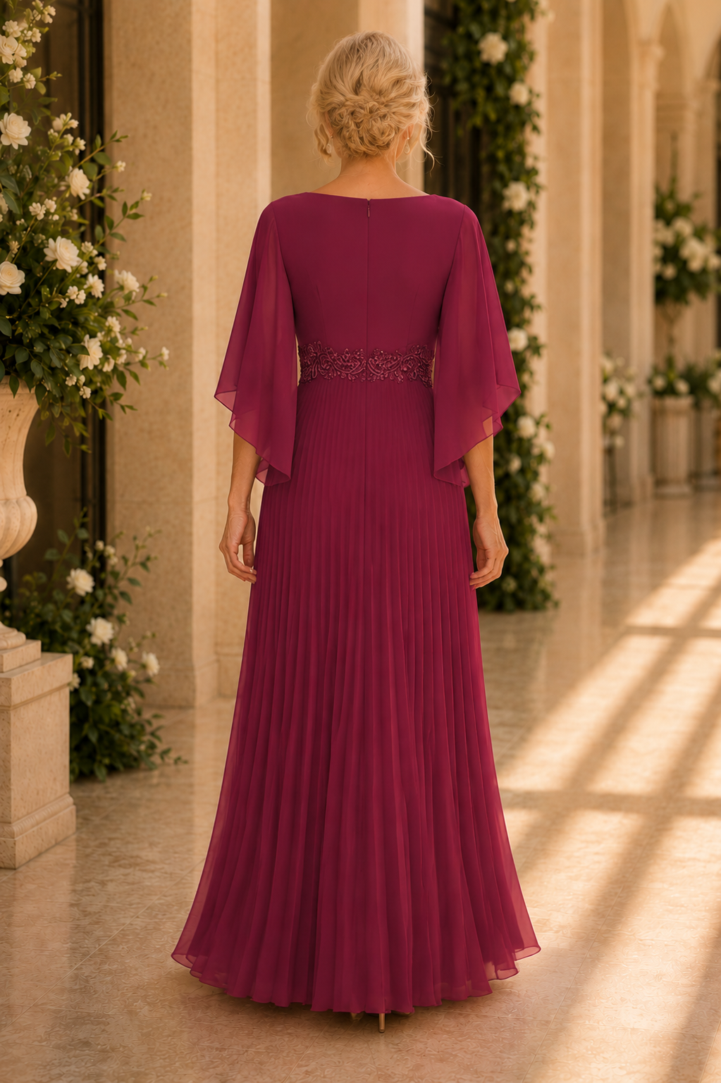 Vestido plisado de chifón corte A con mangas mariposa
