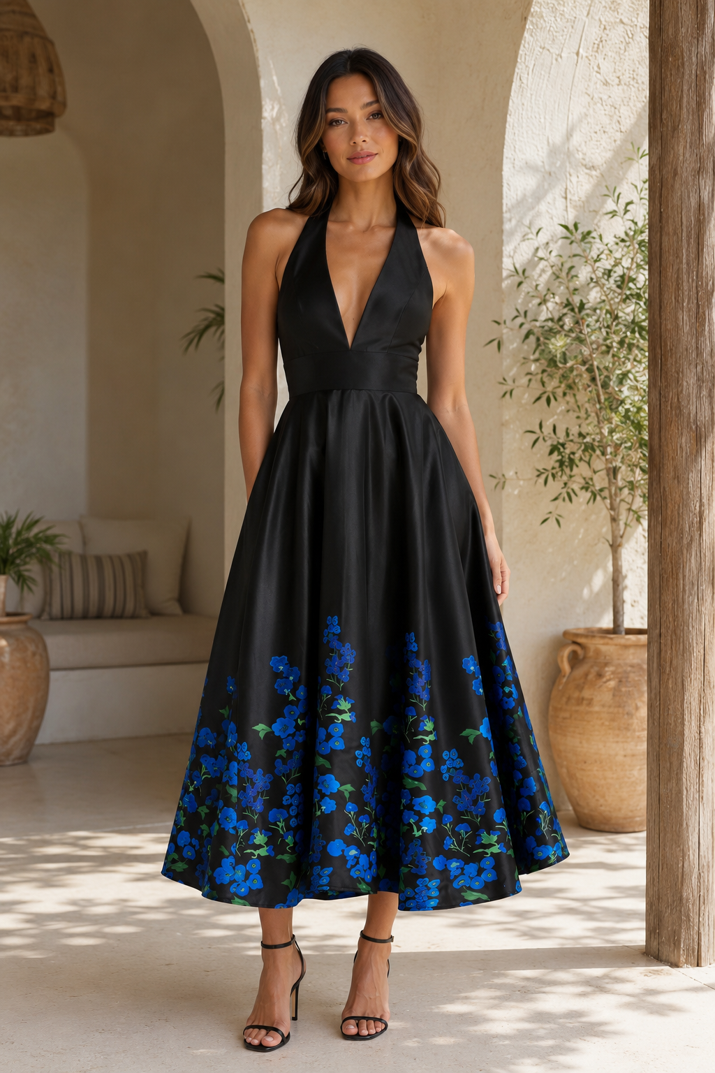 Vestido midi de satén con estampado floral y escote halter en V