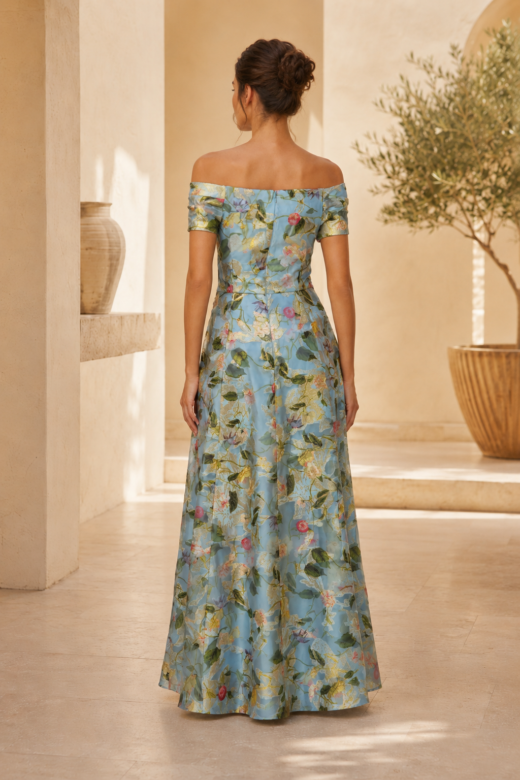 Maxivestido A-Line con estampado floral y hombros descubiertos