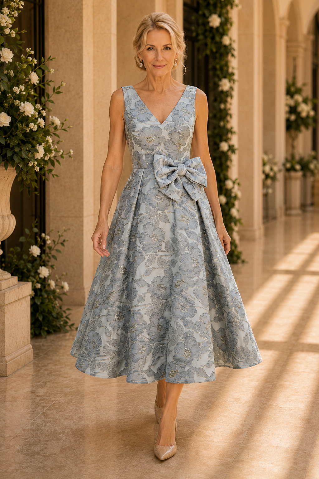Vestido largo midi de jacquard floral con lazo