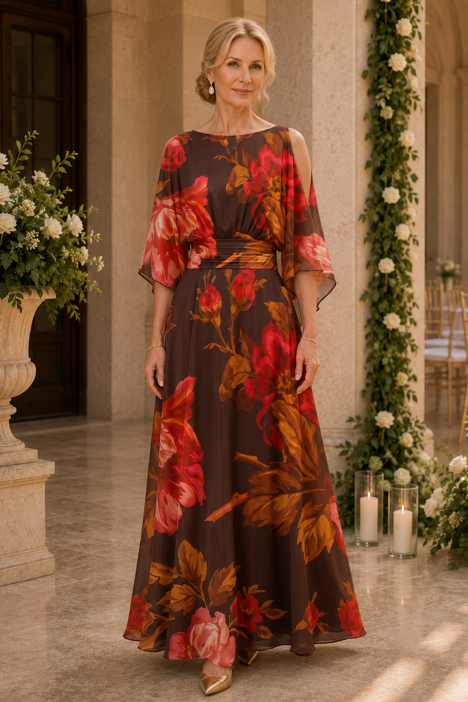 Vestido maxi evasé con estampado floral y hombros descubiertos