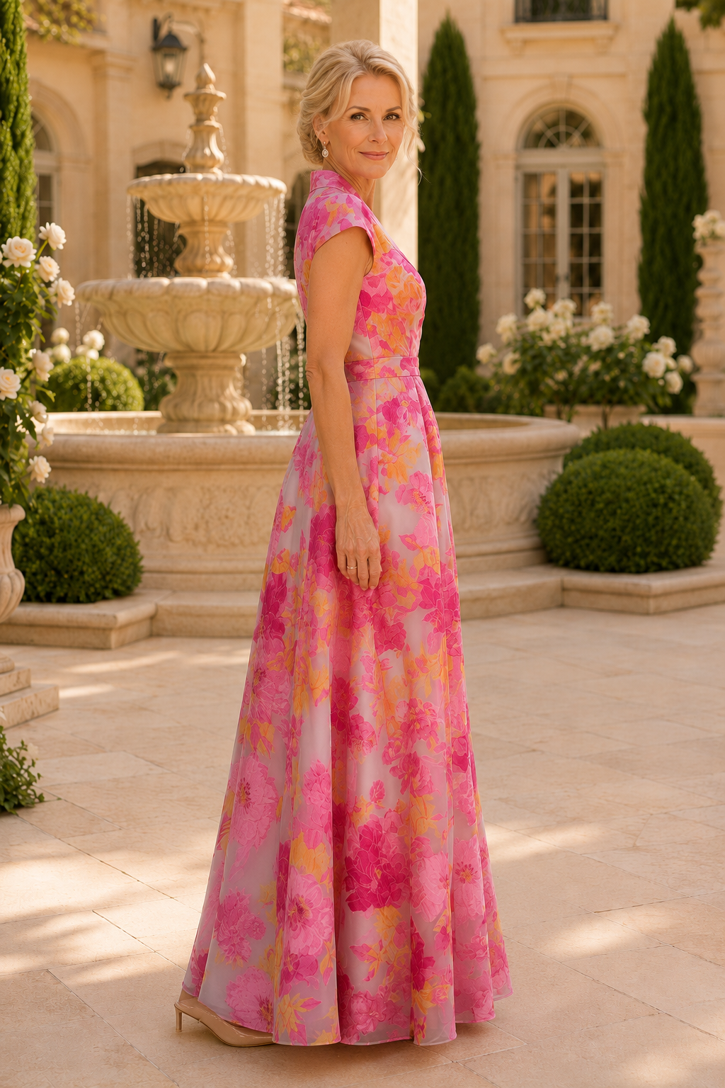 Vestido de noche acampanado con cuello y escote en V floral