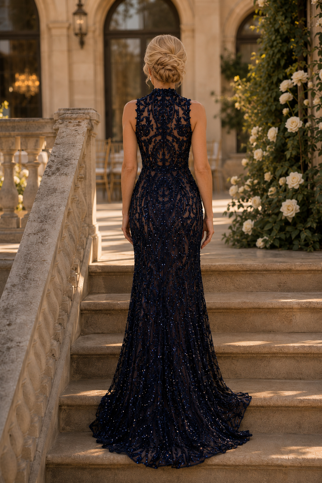 Vestido de noche sirena con cuello alto y lentejuelas