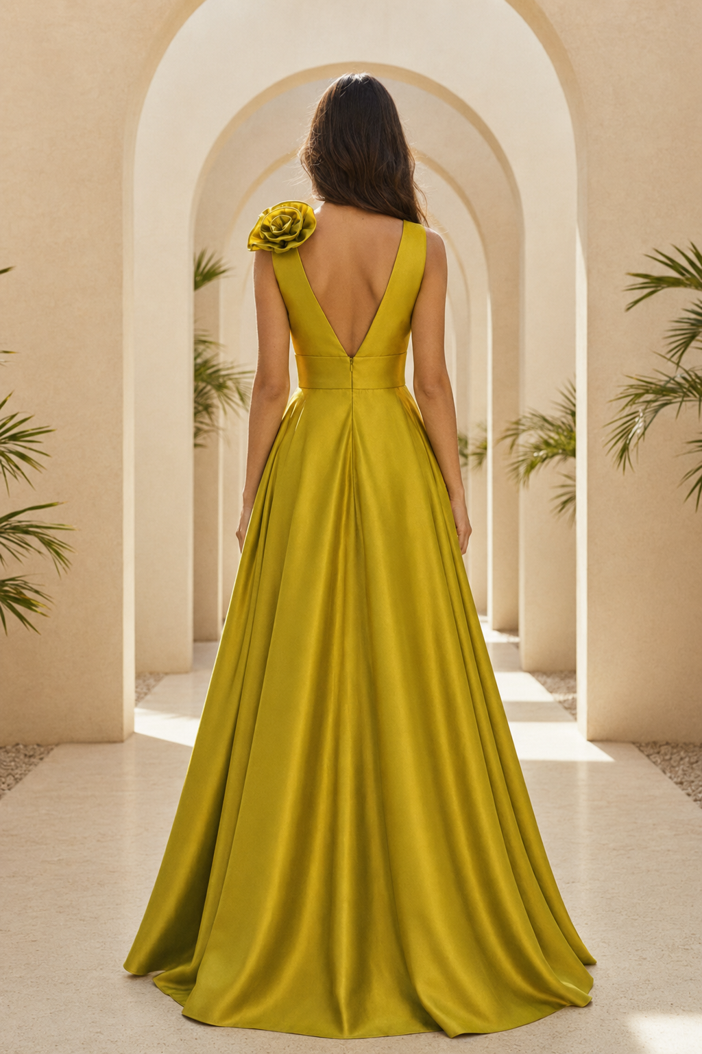 Vestido de raso corte A con rosetón 3D y abertura