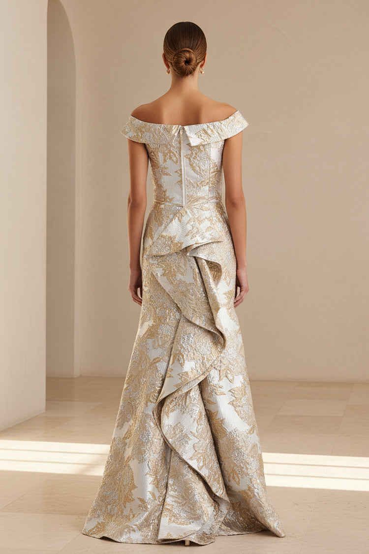 Vestido trompeta de jacquard con hombros descubiertos