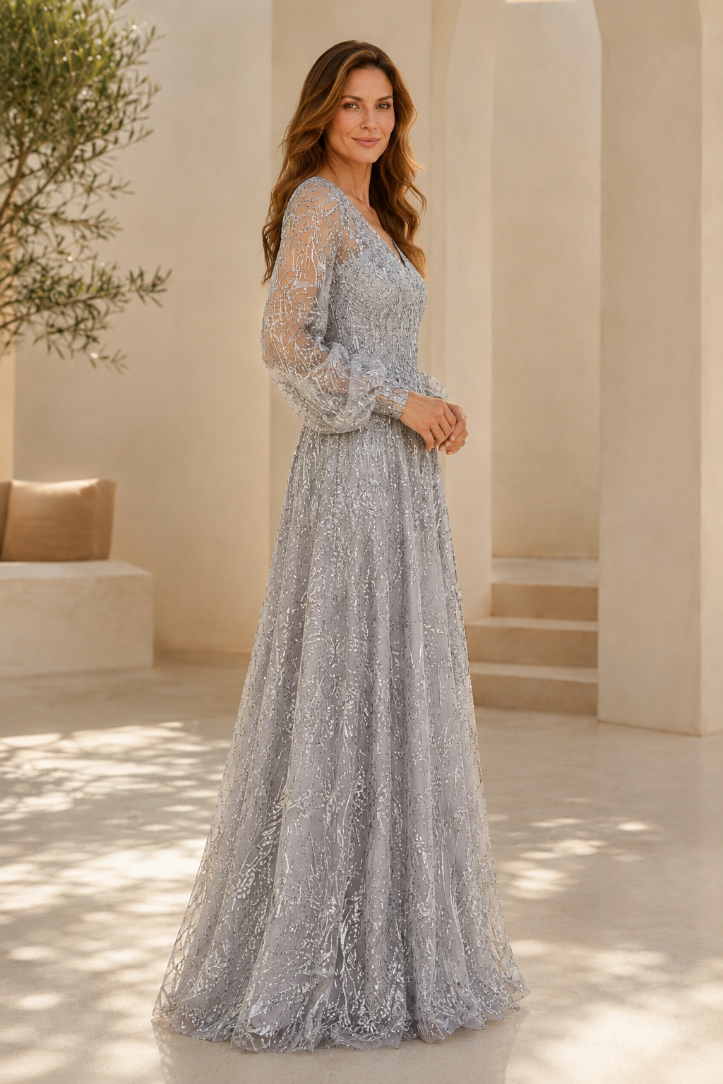 Vestido de noche largo con lentejuelas y manga larga ilusión corte A