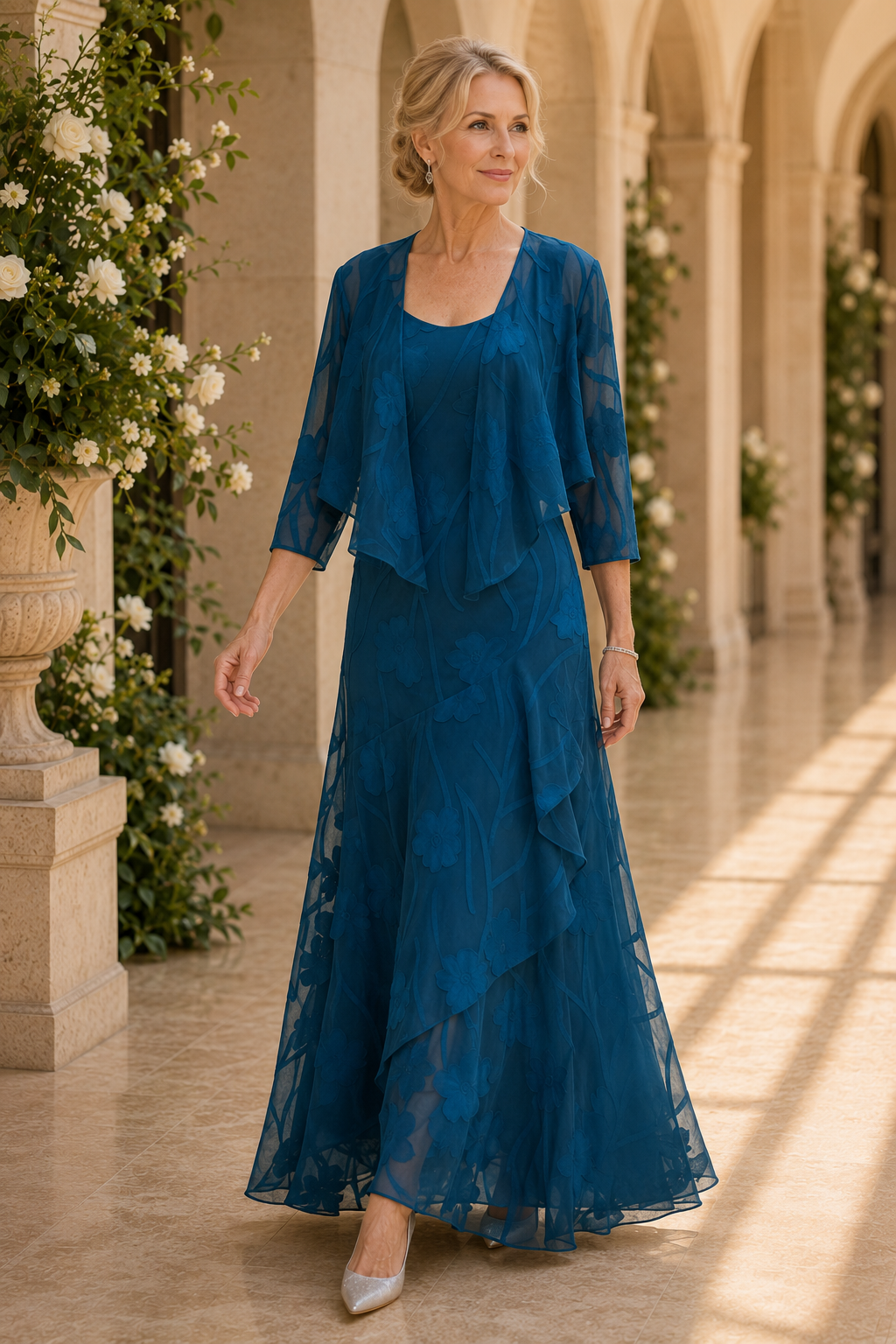 Maxivestido floral calado con chaqueta corta