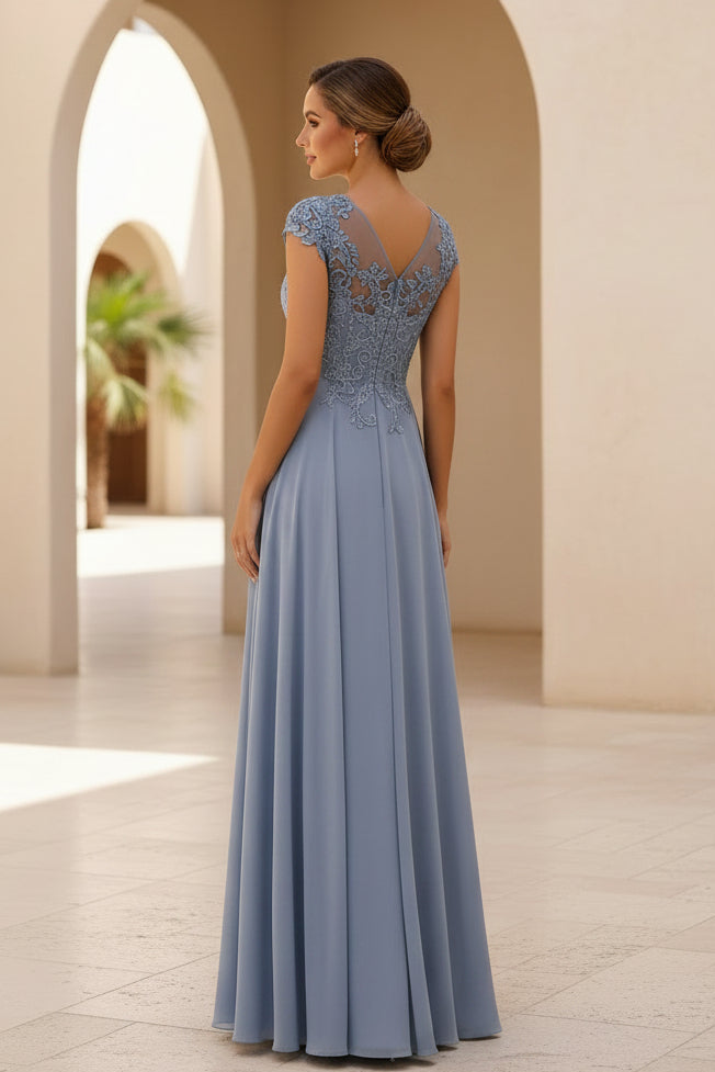 Vestido de noche formal de gasa con apliques de encaje y manga casquillo de corte A