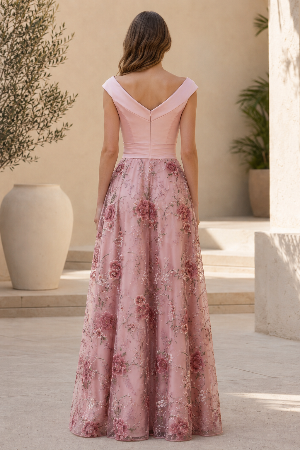 Vestido de noche acampanado floral con hombros descubiertos y bolsillos