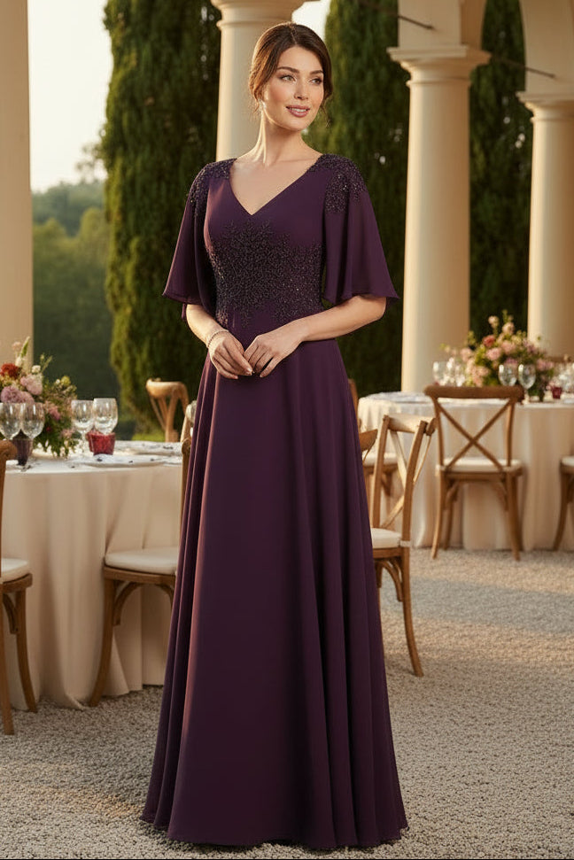 Vestido de noche de gasa con cuello en V y manga con volantes