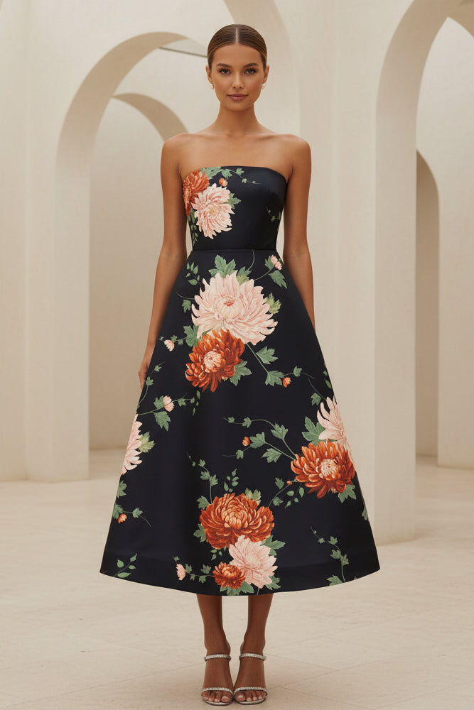 Vestido Midi Acampanado Floral sin Tirantes