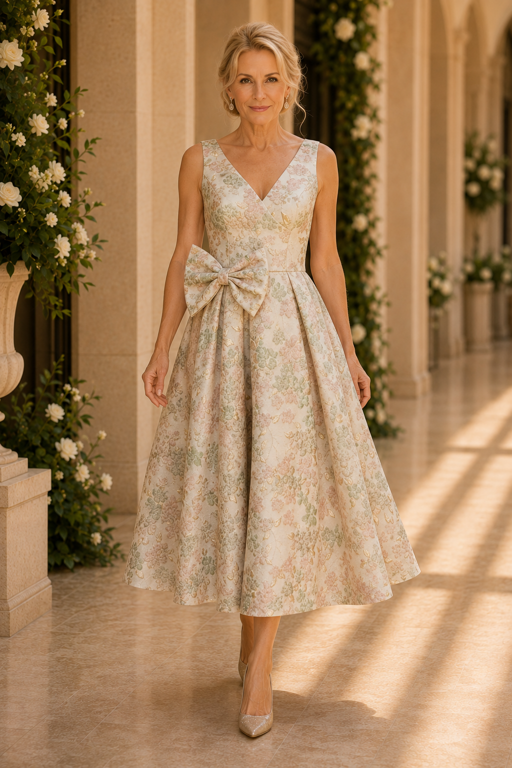 Vestido de largo midi con escote de pico, jacquard floral y lazo