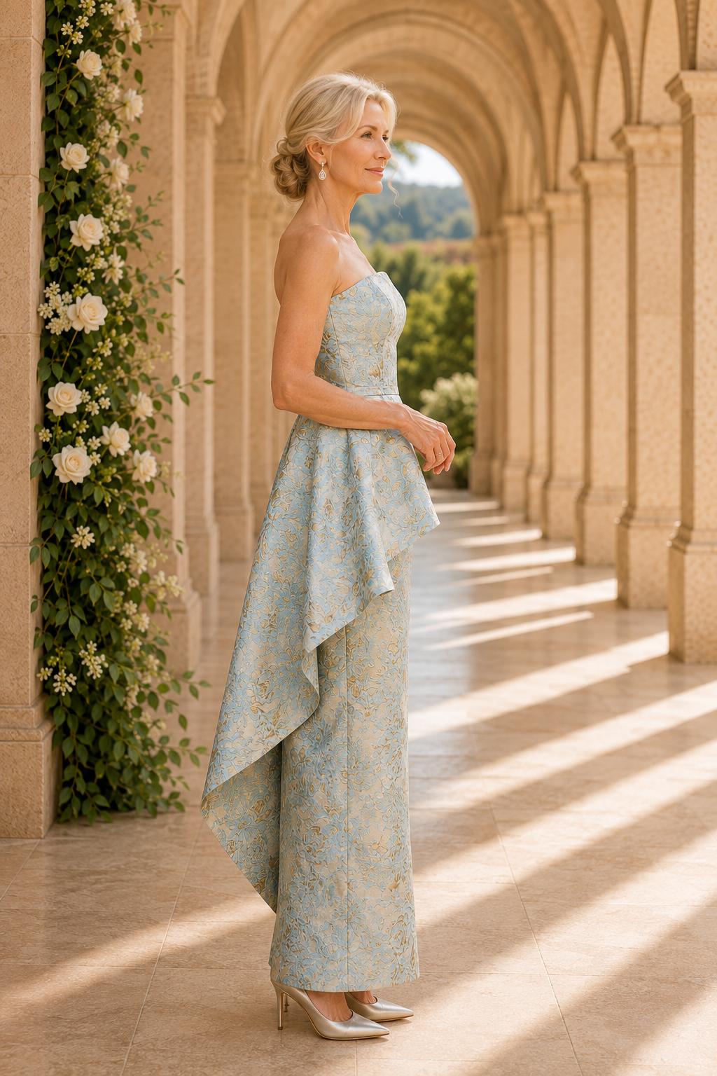 Vestido Columna Jacquard sin Tirantes con Volante en Cascada