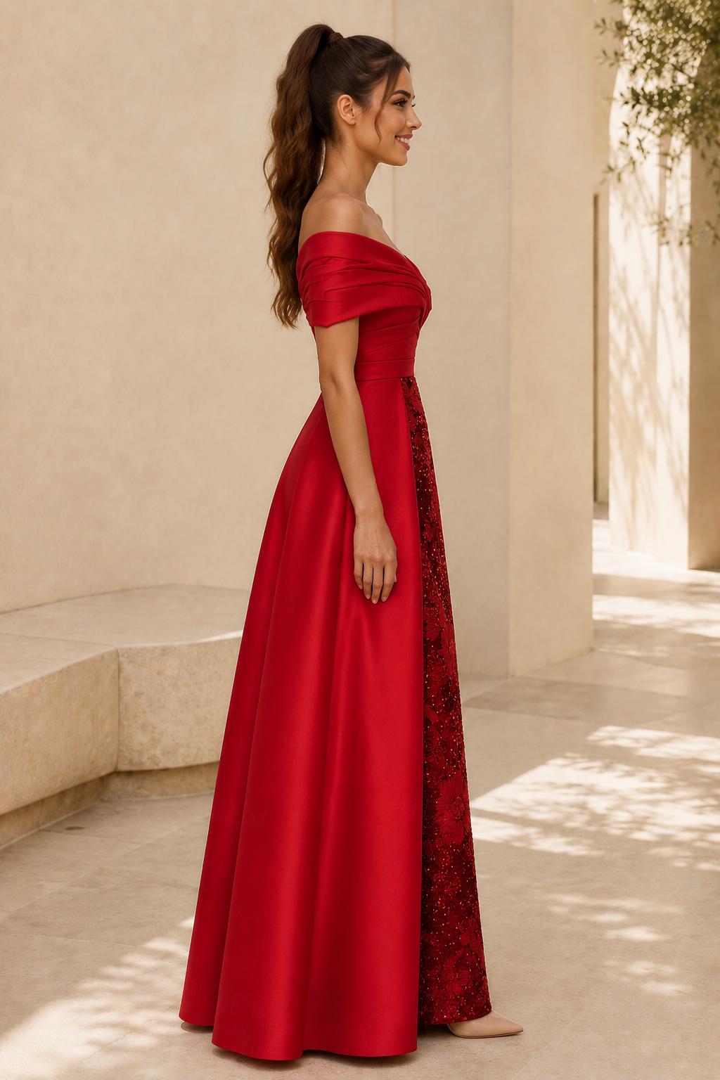 Vestido con hombros descubiertos y falda de lentejuelas florales
