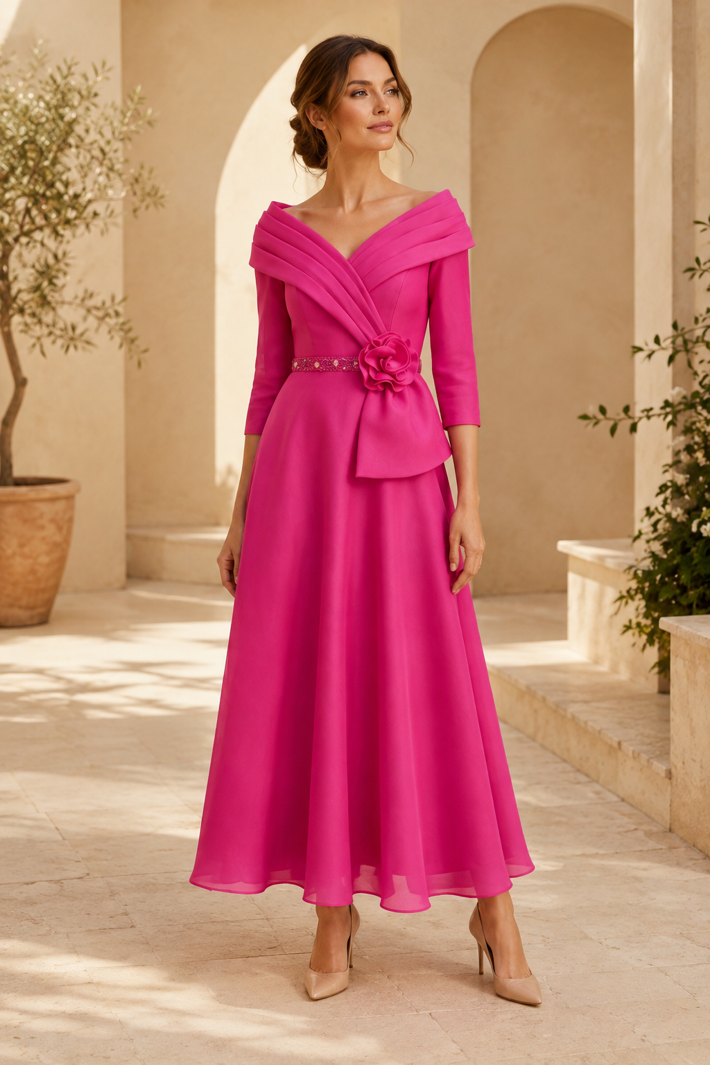 Vestido de corte A con escote tipo retrato y rosetón