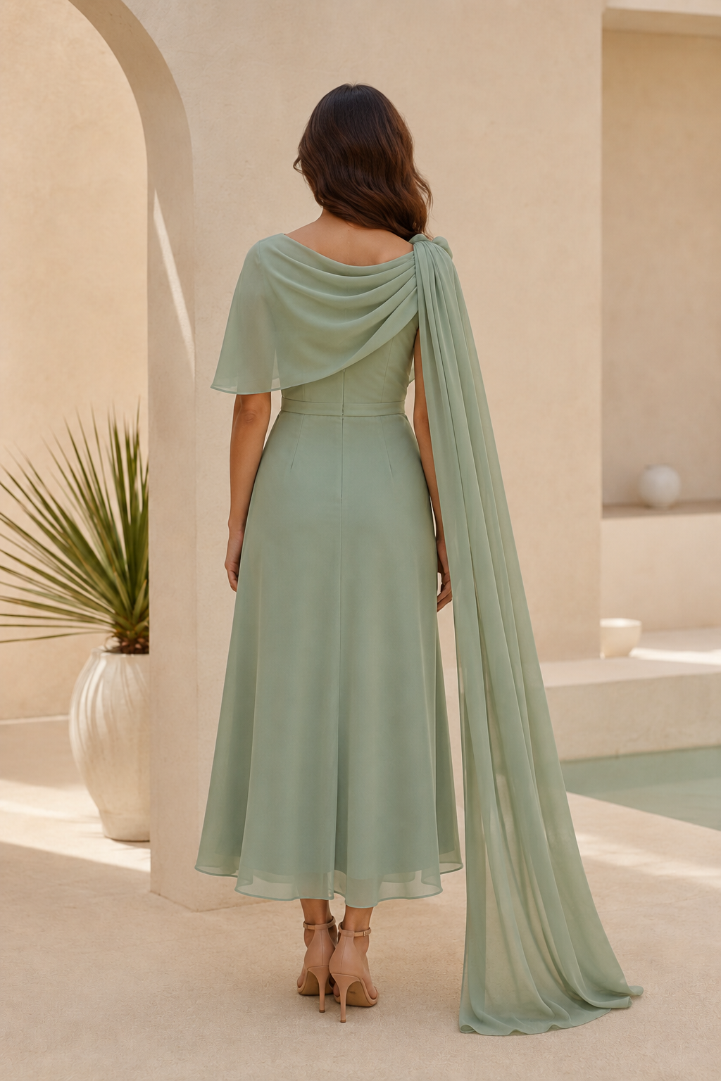 Vestido de gasa largo té con cuello vuelto y mangas de capa