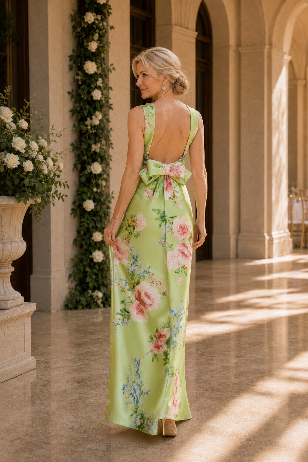 Vestido largo de cuello alto con estampado floral y lazo