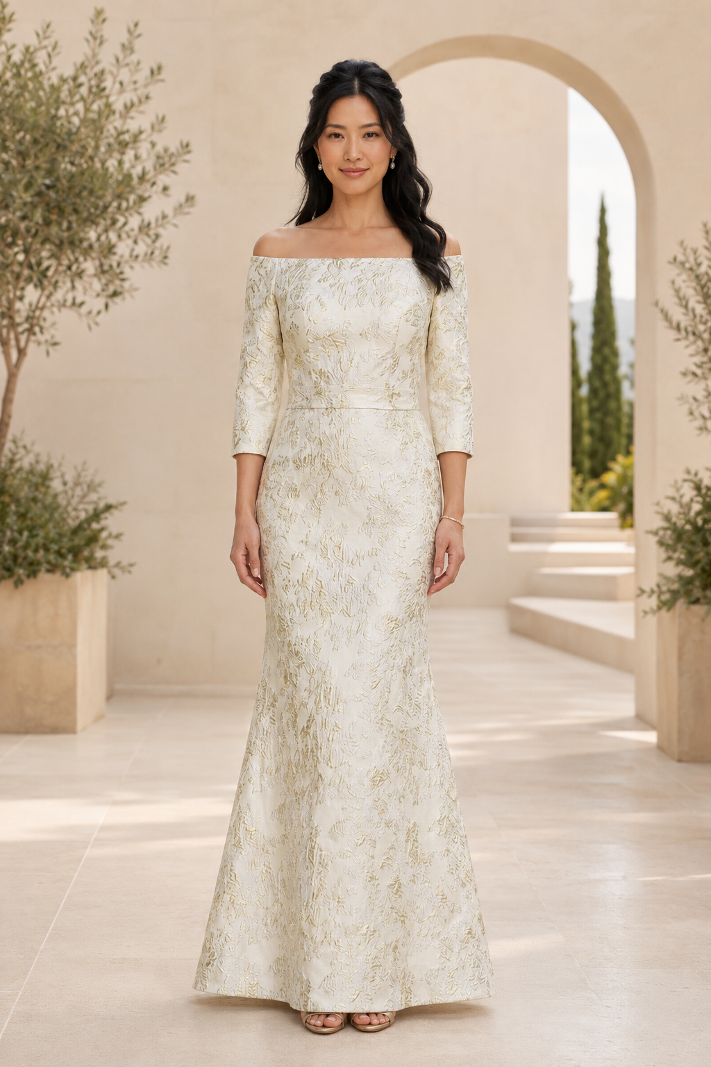 Vestido de noche sirena con hombros descubiertos de jacquard metálico