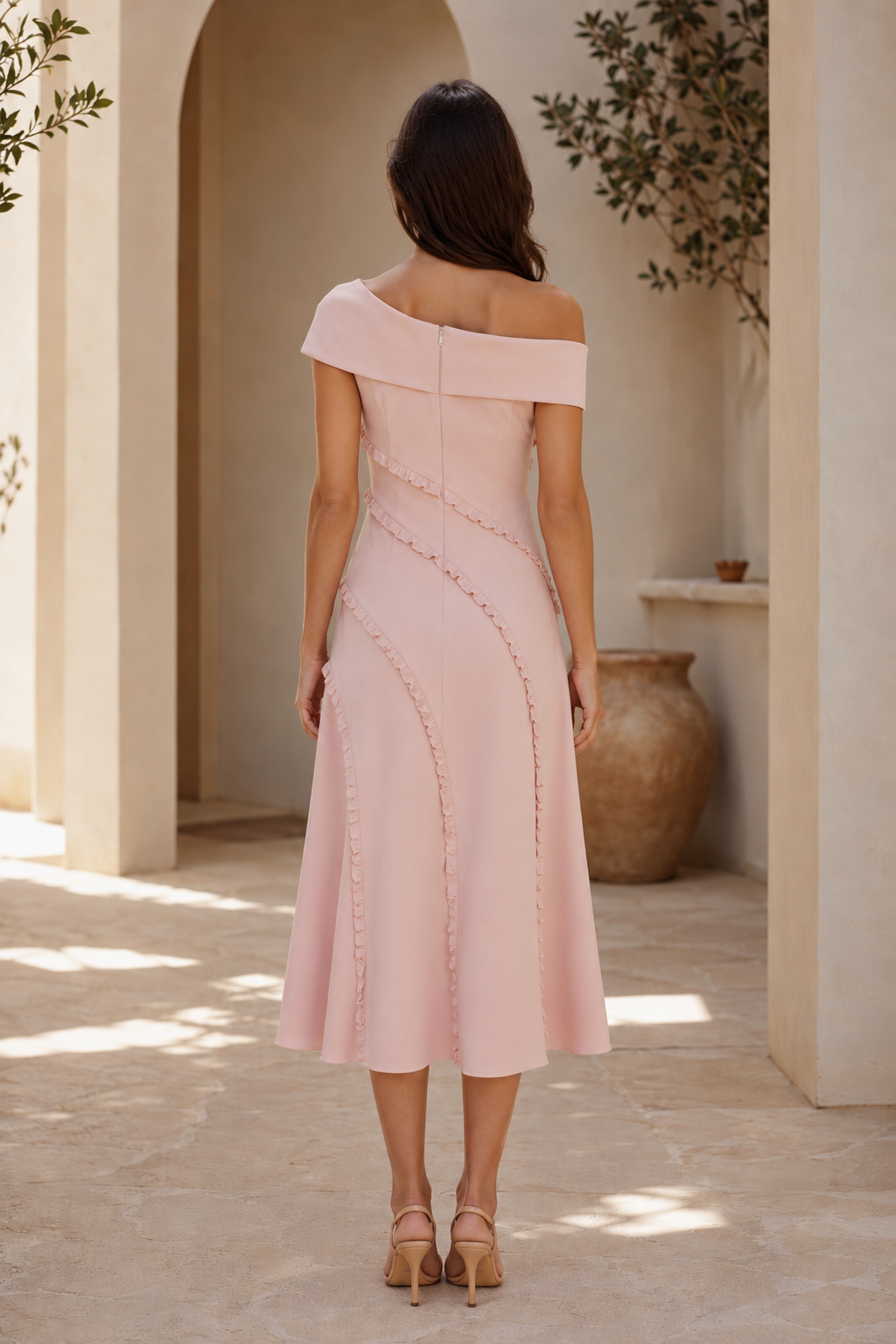 Vestido Midi con Hombros Descubiertos y Volante en Espiral