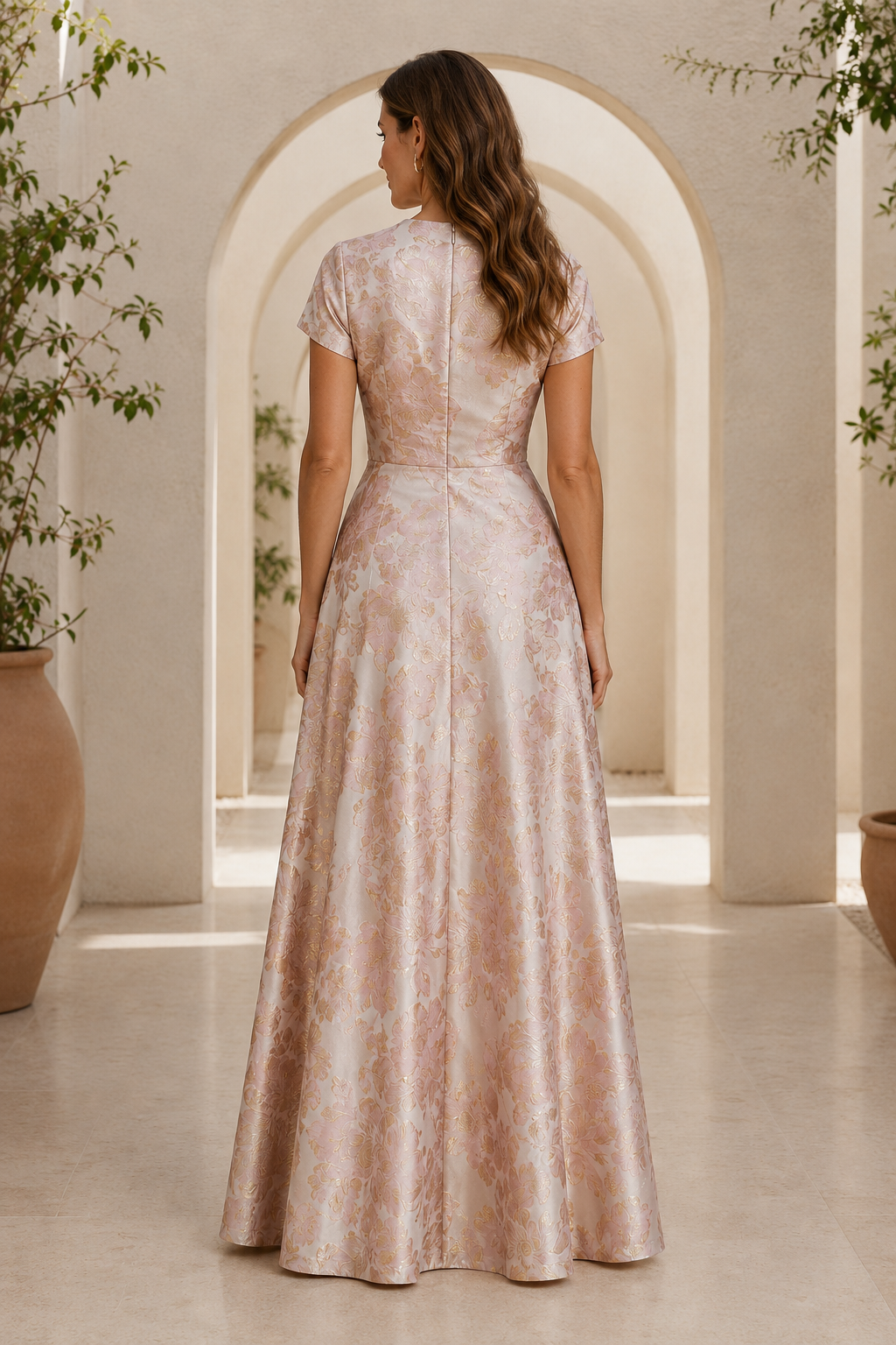 Vestido acampanado de jacquard floral con corpiño cruzado