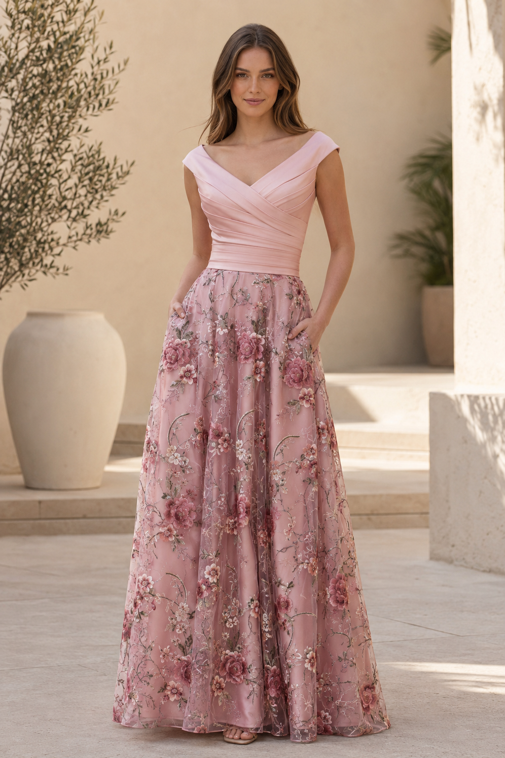 Vestido de noche acampanado floral con hombros descubiertos y bolsillos