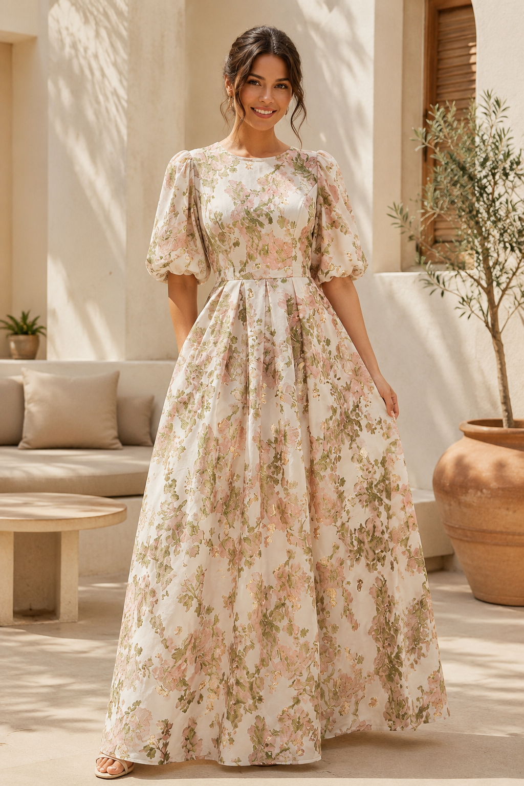 Vestido maxi acampanado de jacquard floral con mangas hasta el codo