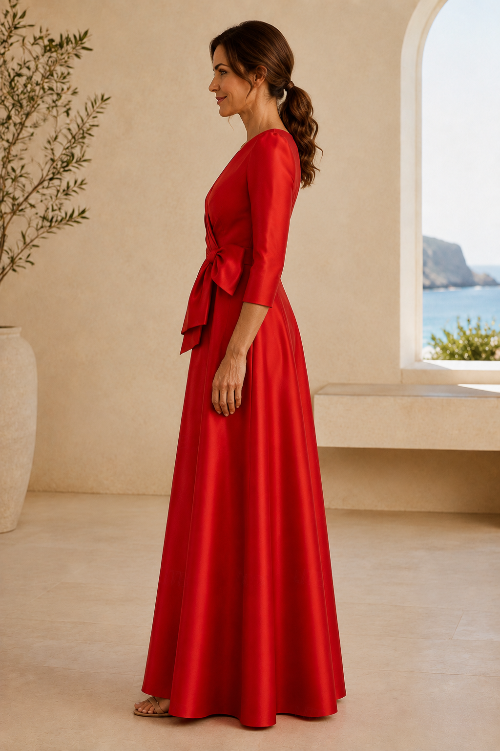Vestido de noche de satén con corte en A y lazo en la cintura