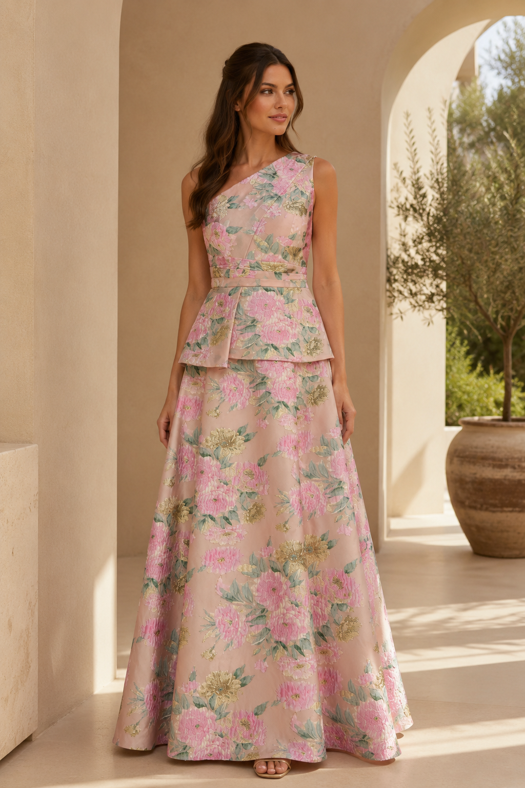 Vestido de gala peplum de jacquard floral con un solo hombro