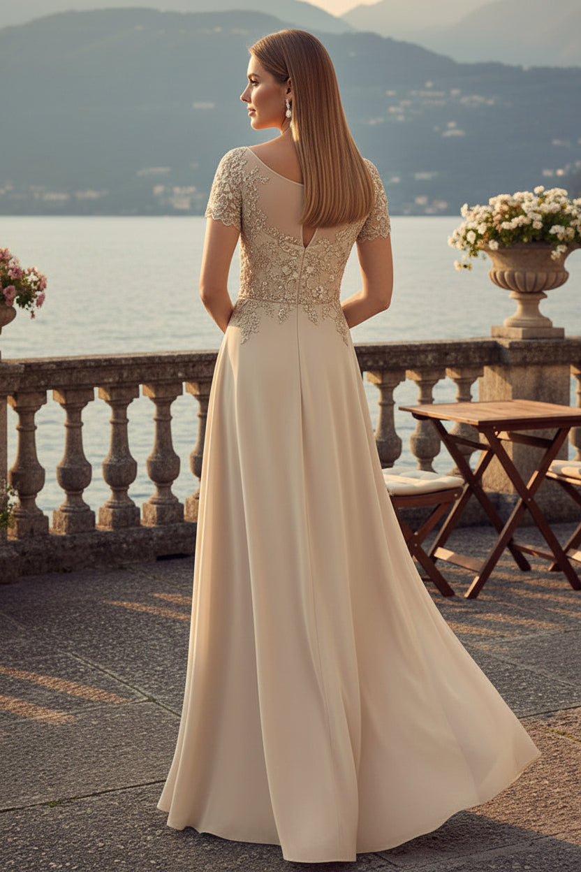 Elegante Vestido de Noche Acampanado con Abertura y Aplicaciones de Encaje