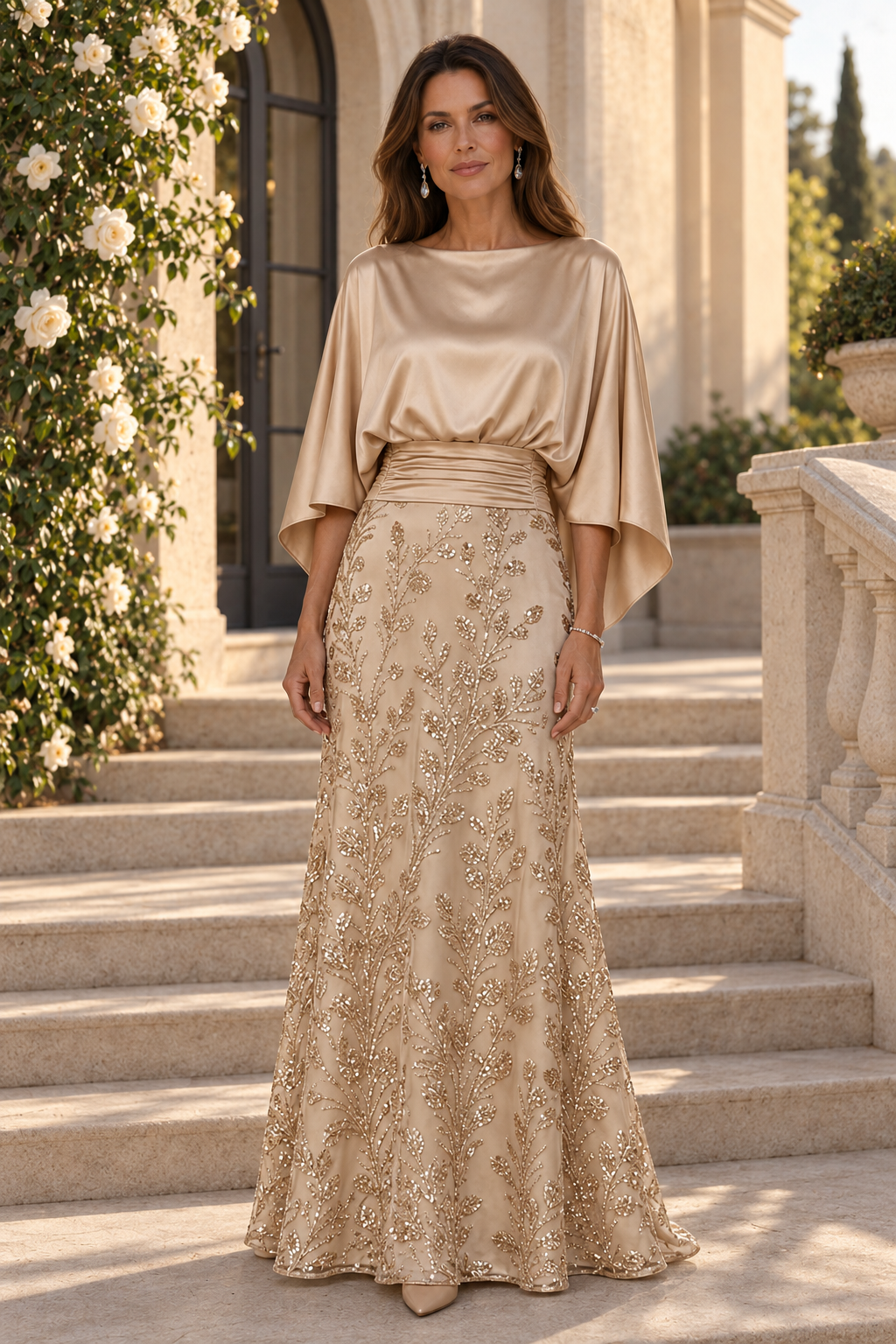 Vestido de raso con cuerpo tipo capelina y falda de lentejuelas