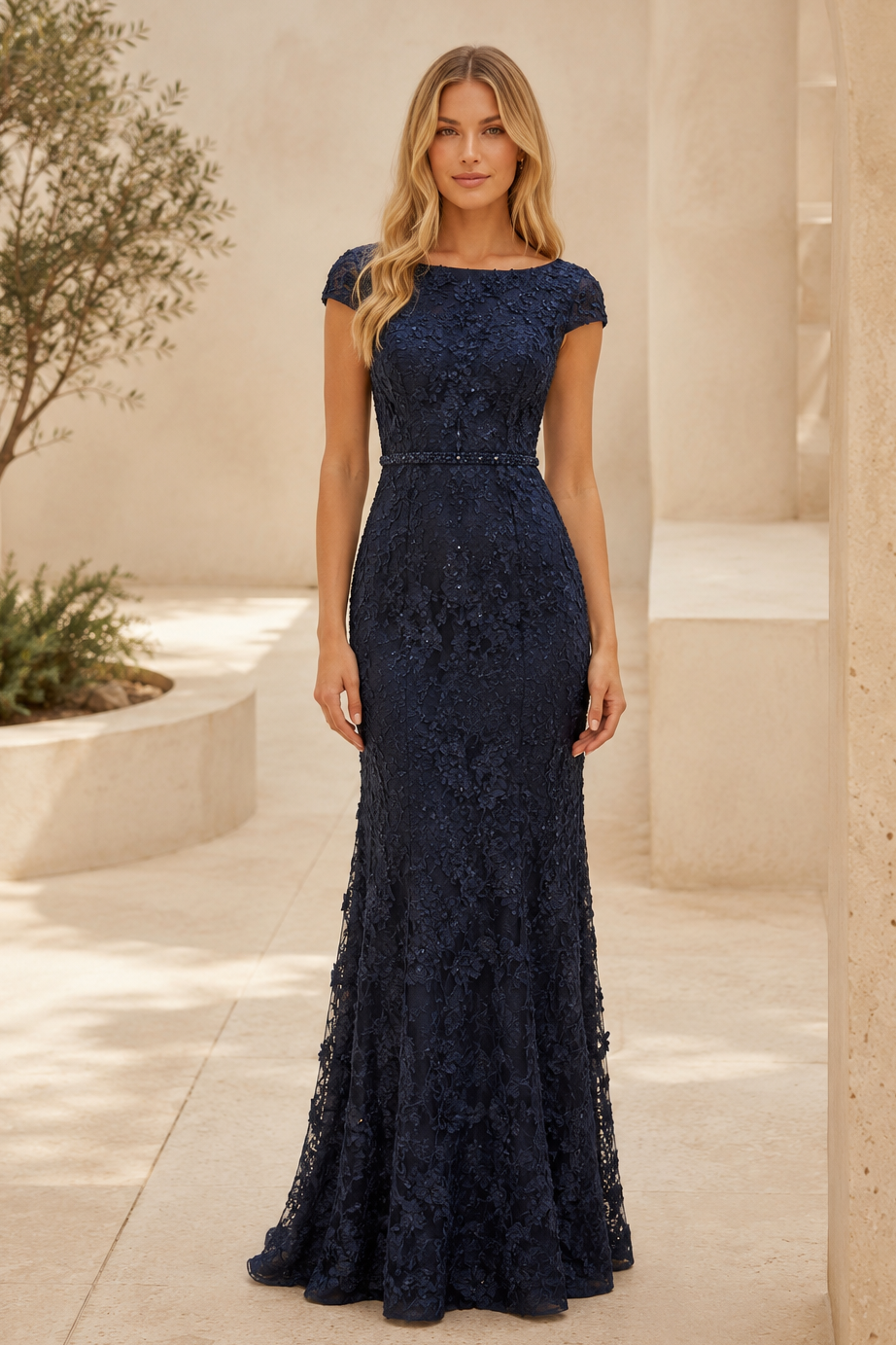 Vestido de noche sirena con mangas casquillo de encaje floral