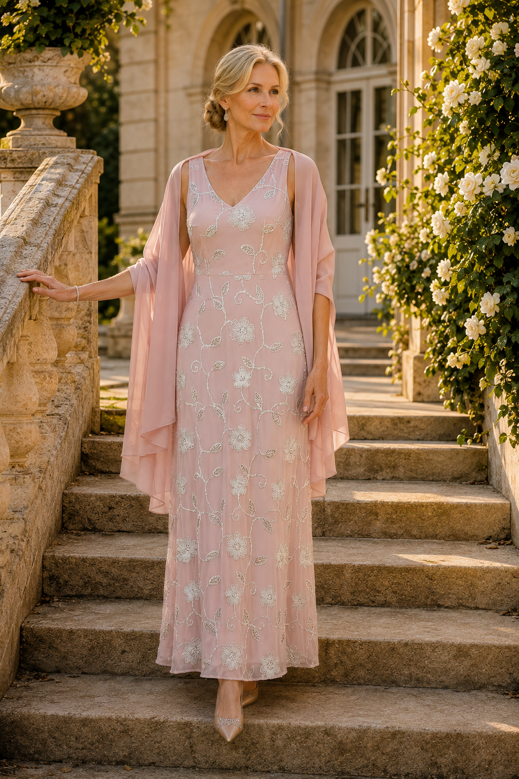 Maxivestido floral sin mangas con abalorios y chal