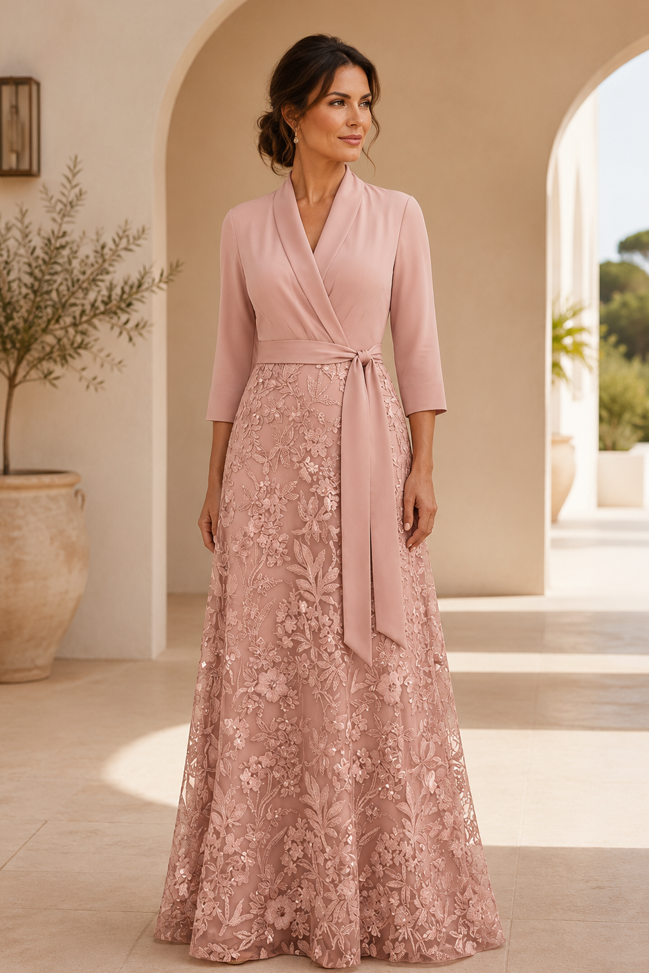 Vestido de noche de corte A con encaje y corpiño cruzado