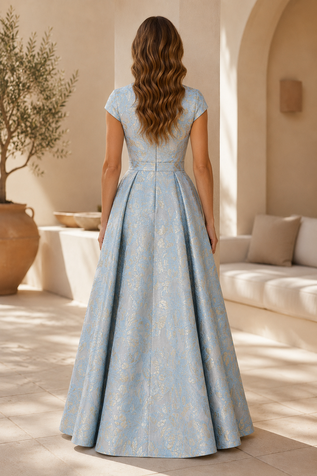 Vestido de noche acampanado jacquard con manga casquillo