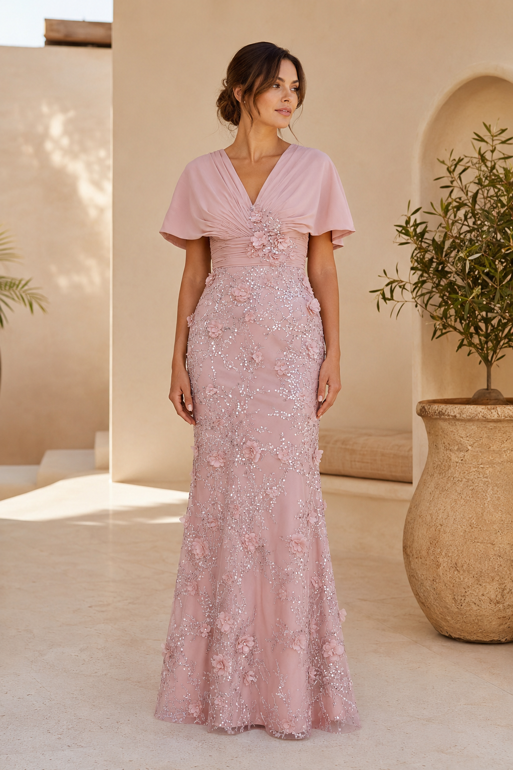 Vestido de noche con capa en las mangas, lentejuelas y flores 3D