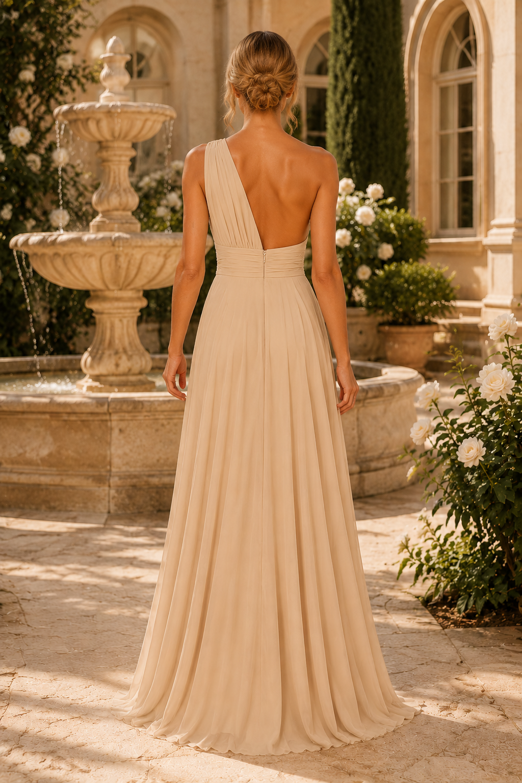 Vestido Maxi de Gasa Plisado con un Solo Hombro
