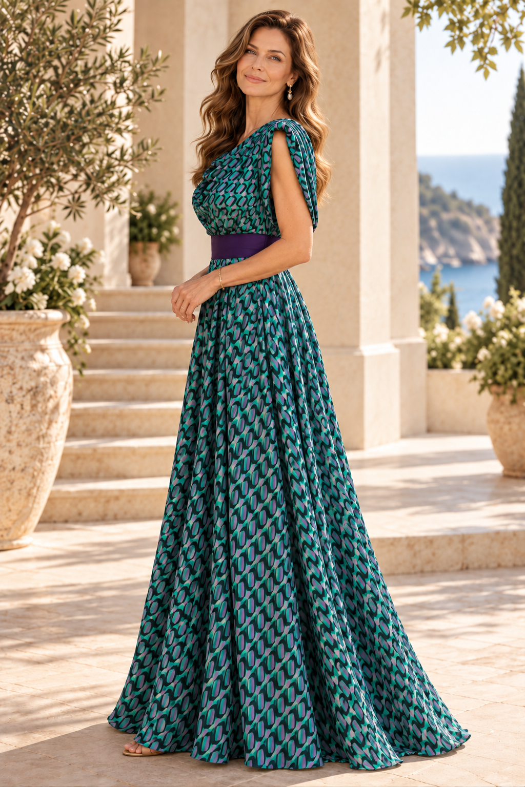 Cowl Neck Printed Maxi Dress with Contrast Waistband