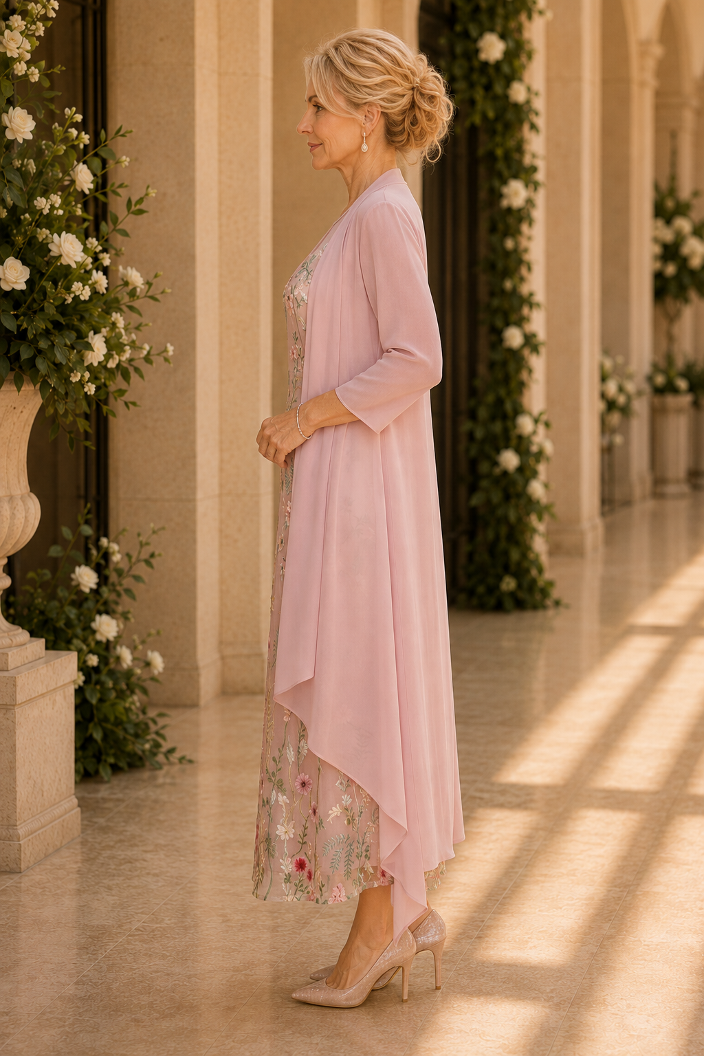 Vestido midi bordado floral con chaqueta guardapolvo