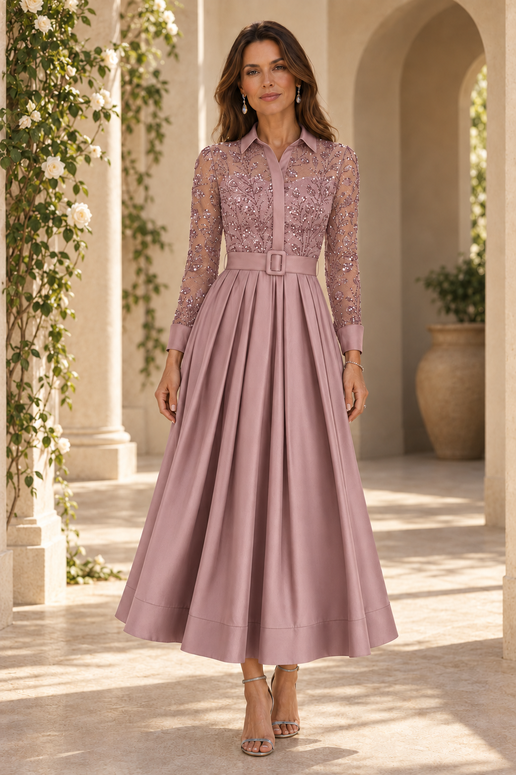 Sequined Shirt Collar Pleated A-Line Midi Dress