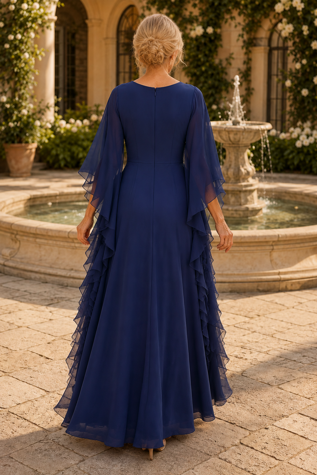 Vestido de gasa estilo A con mangas capeadas con volantes