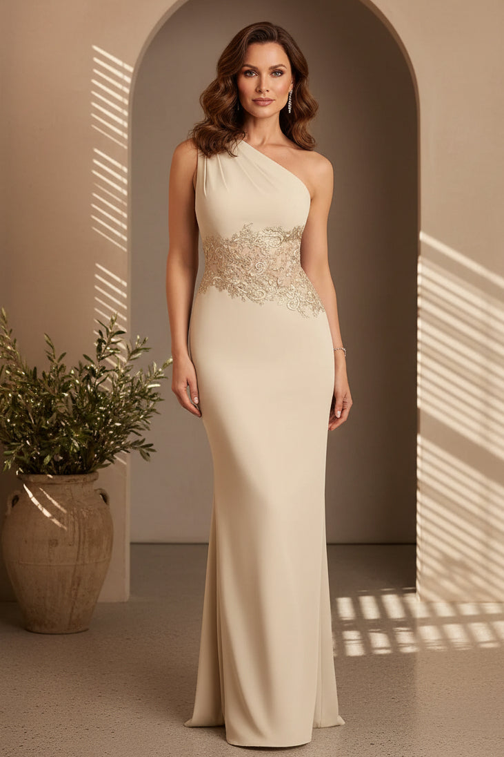 Vestido de noche de crepé con cintura de encaje y un solo hombro