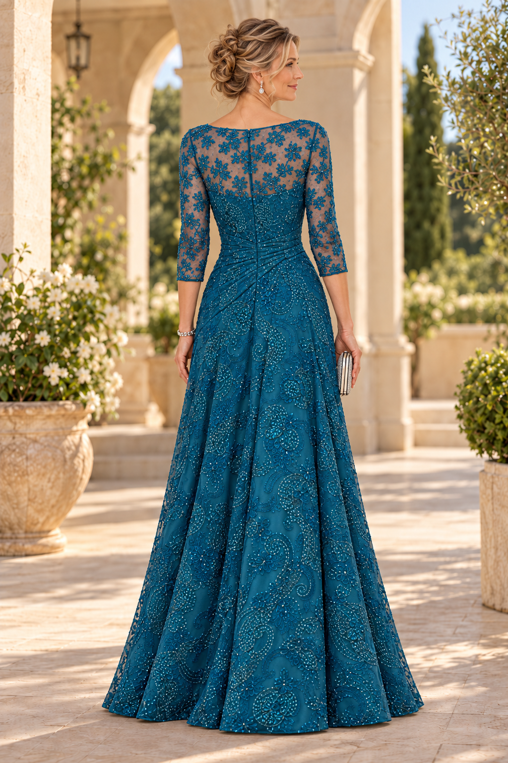 Embroidered Beaded A-Line Gown with 3/4 Sleeves