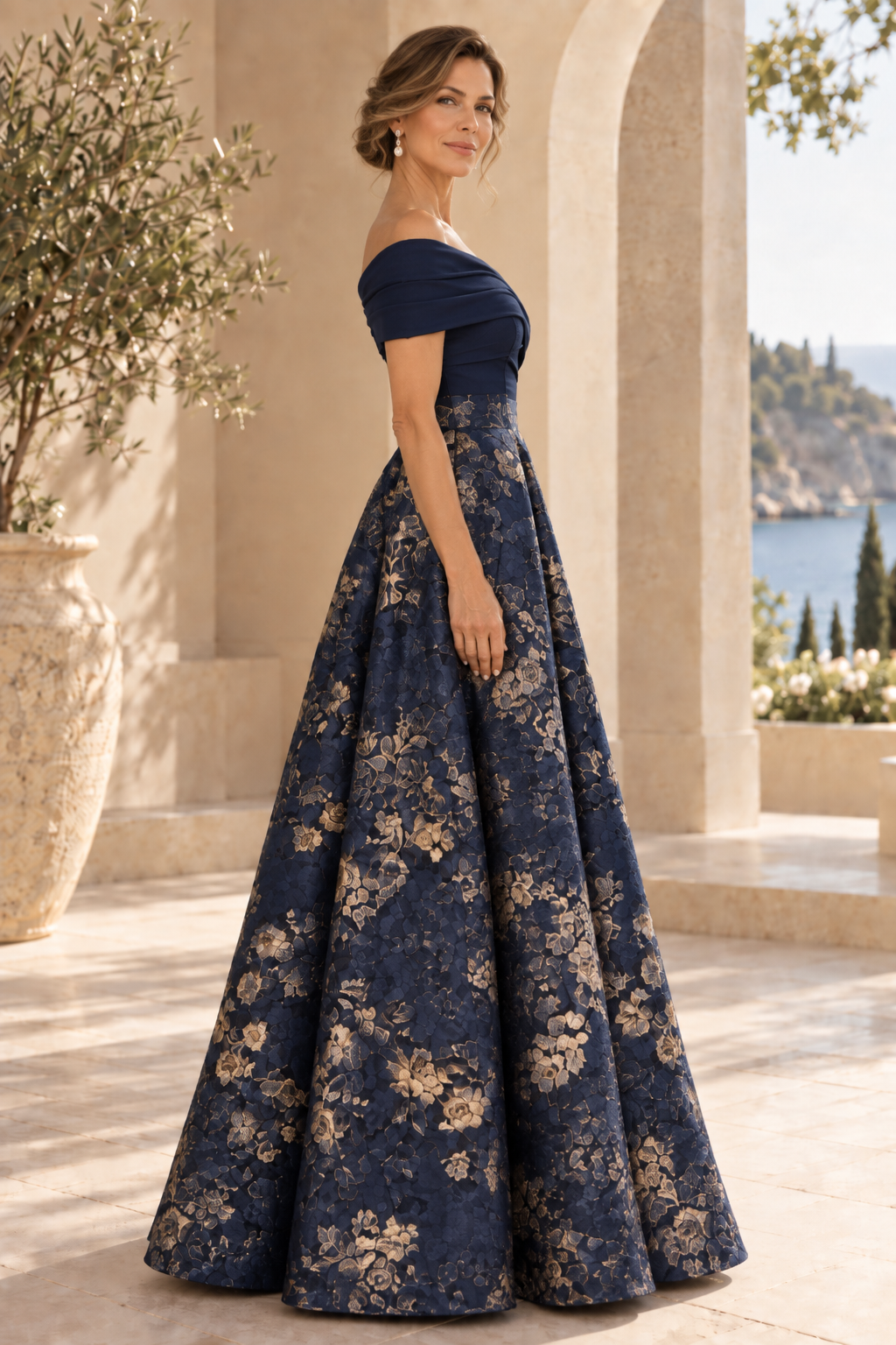 Off-the-Shoulder Brocade A-Line Evening Gown