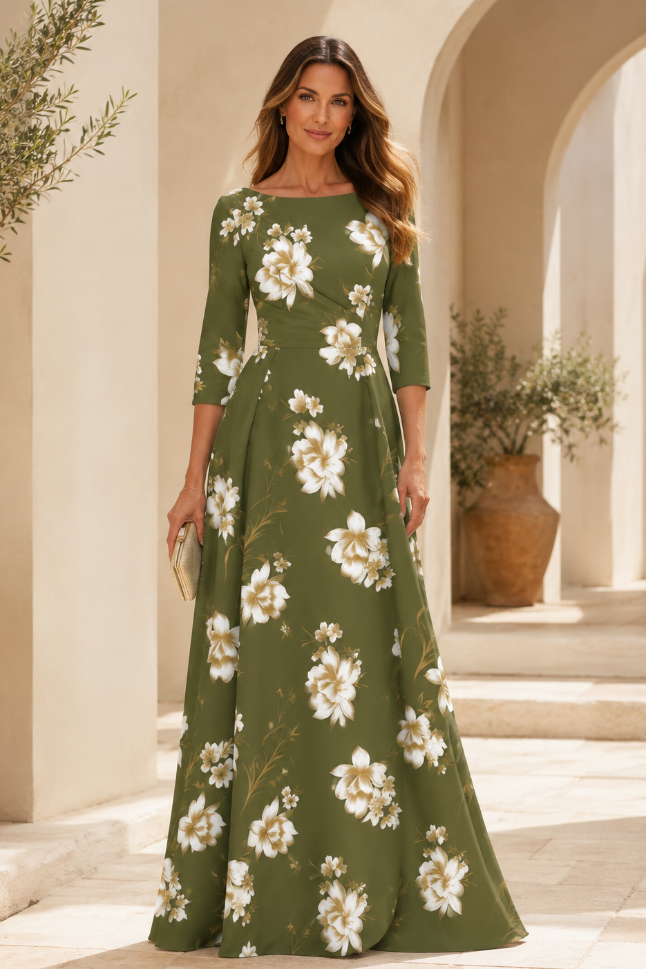 Vestido de noche acampanado con cuello barco floral