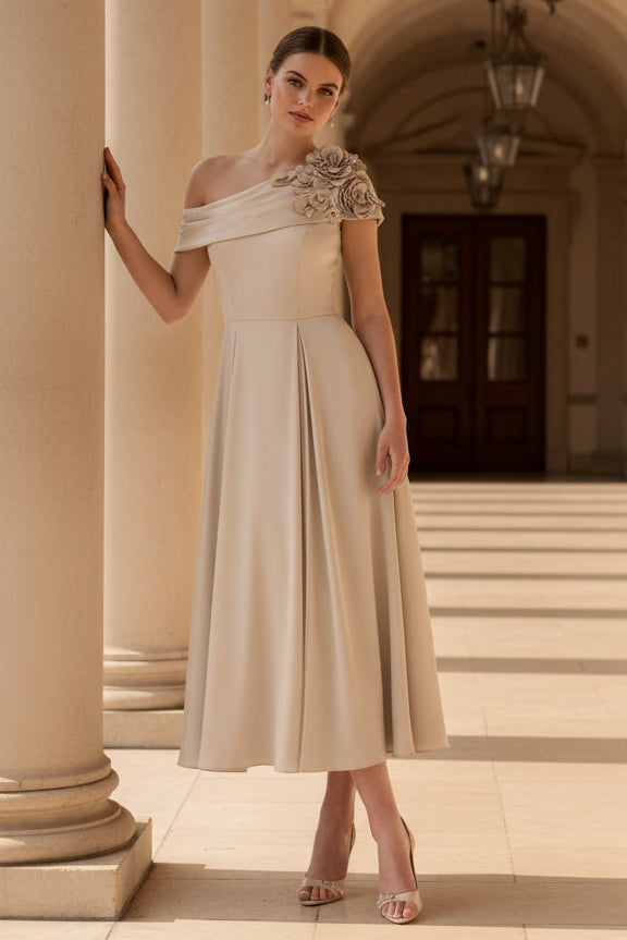 Elegante vestido midi con línea A y un solo hombro con flores 3D