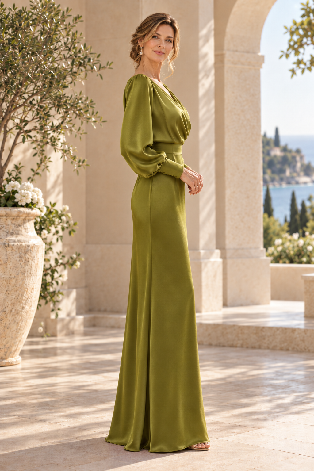 Long Sleeve V-Neck Satin Gown with Fitted Waist