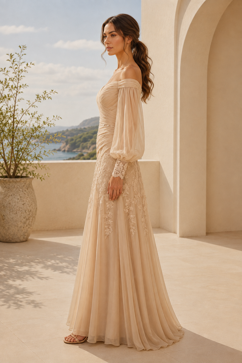 Vestido fruncido con hombros descubiertos y mangas obispo