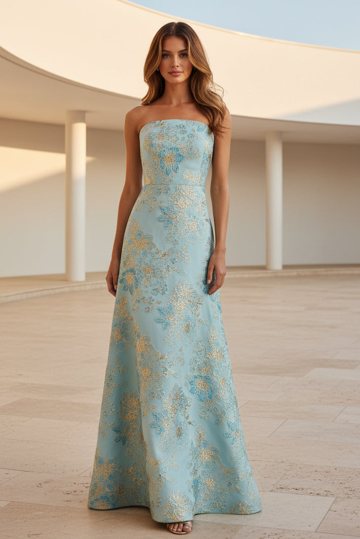 Vestido largo de jacquard floral sin tirantes con corte en A