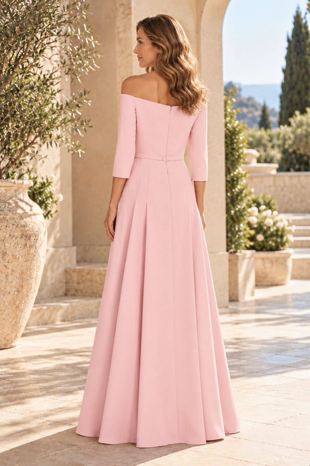 Off-the-Shoulder 3/4 Sleeve A-Line Evening Gown
